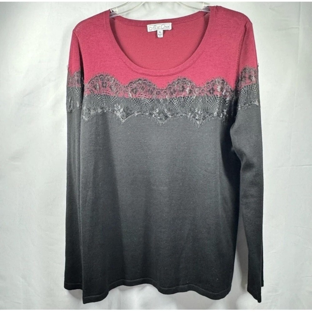All‎ At Once Shirt Womens XL Gray Pink Colorblock Lace Trim Long Sleeve Top
